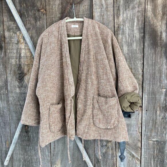 100% Solid Linen Cotton,Quilted Versatile Mild Winter/Autumn Coat, OS, Khaki - Picture 3 of 12